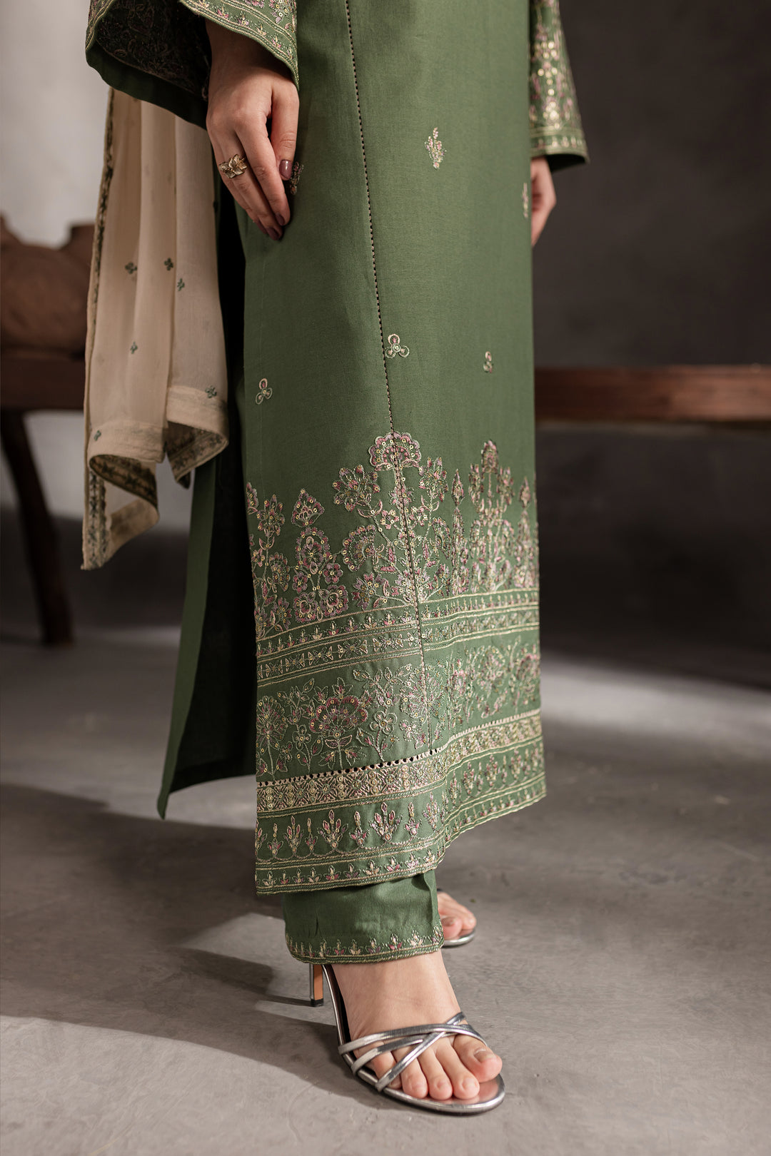 Sage Stone 3Pc - Embroidered Khaddar Dress - BATIK