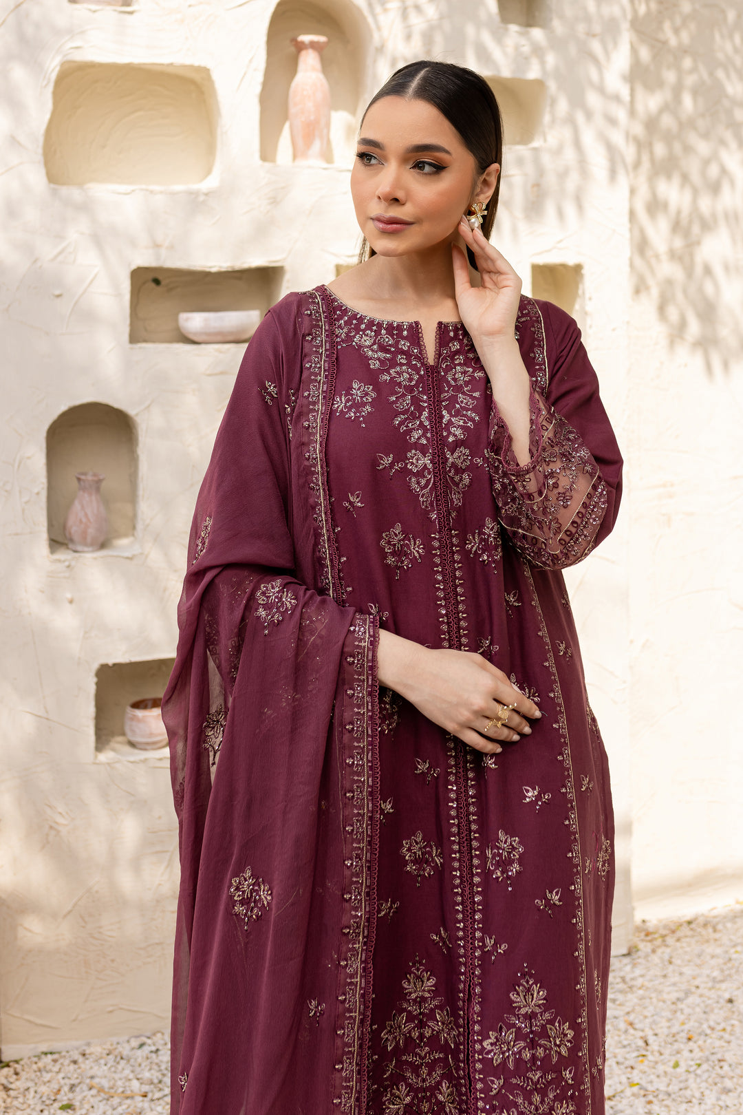 Mauve Paragon 3Pc - Embroidered Khaddar Dress - BATIK