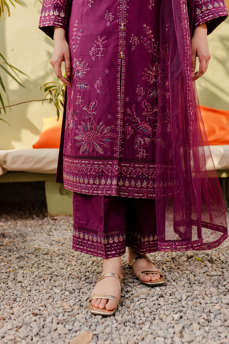 Plum 3Pc - Embroidered Karandi Dress - BATIK