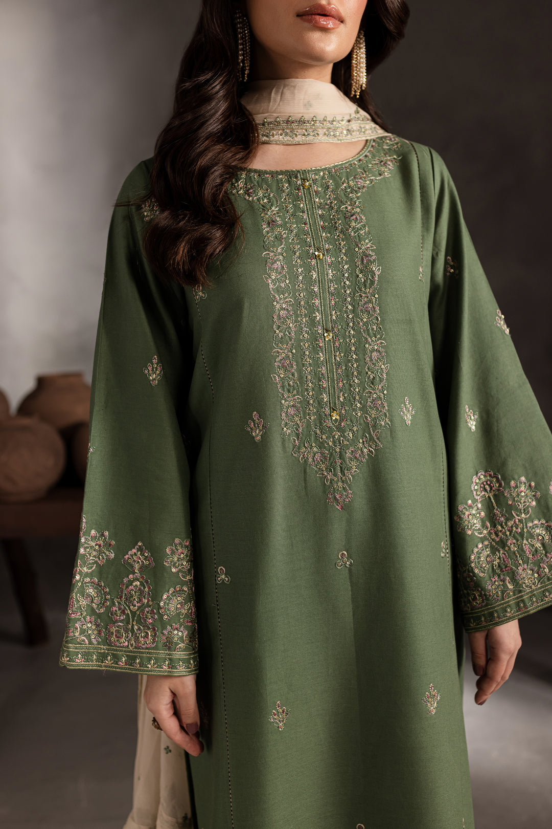 Sage Stone 3Pc - Embroidered Khaddar Dress - BATIK