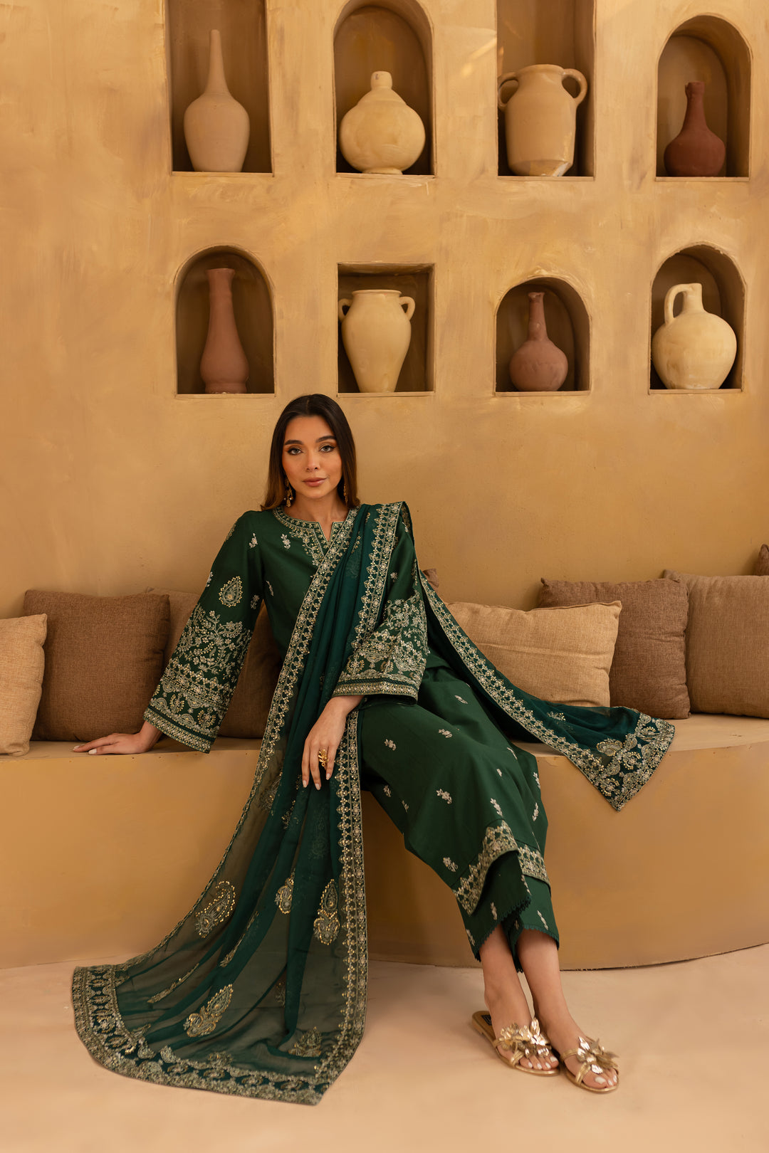 Green Amy 3Pc - Embroidered Khaddar Dress - BATIK