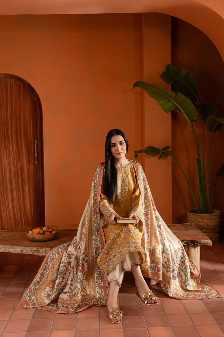 Gold Inarah 3Pc - Embroidered Khaddar Dress - BATIK