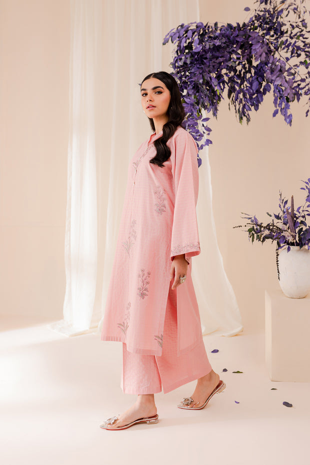 Light Pink 2Pc - Embroidered Jacquard Dress - BATIK