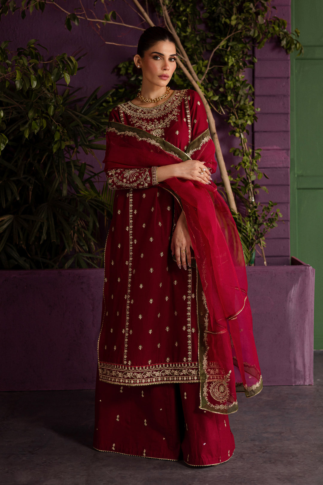 Laal 3Pc - Embroidered Solid Dress - BATIK