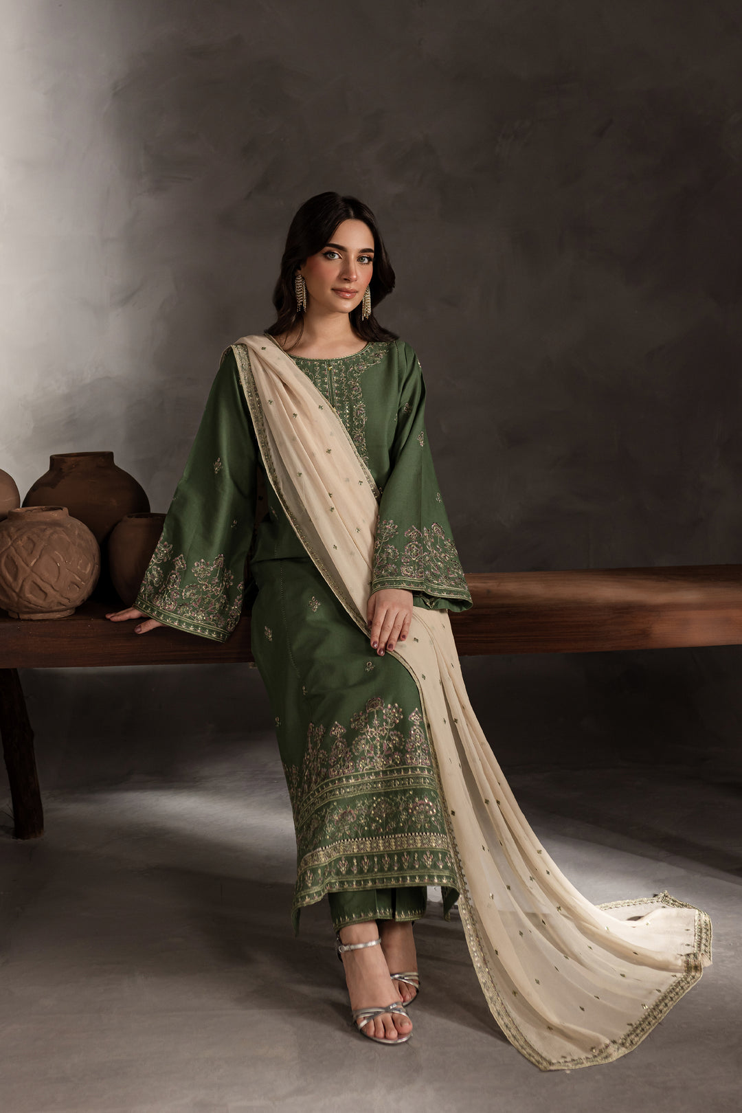 Sage Stone 3Pc - Embroidered Khaddar Dress - BATIK