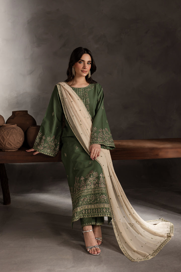 Sage Stone 3Pc - Embroidered Khaddar Dress - BATIK