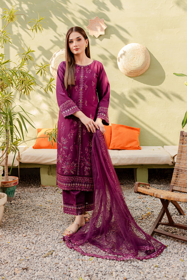 Plum 3Pc - Embroidered Karandi Dress - BATIK