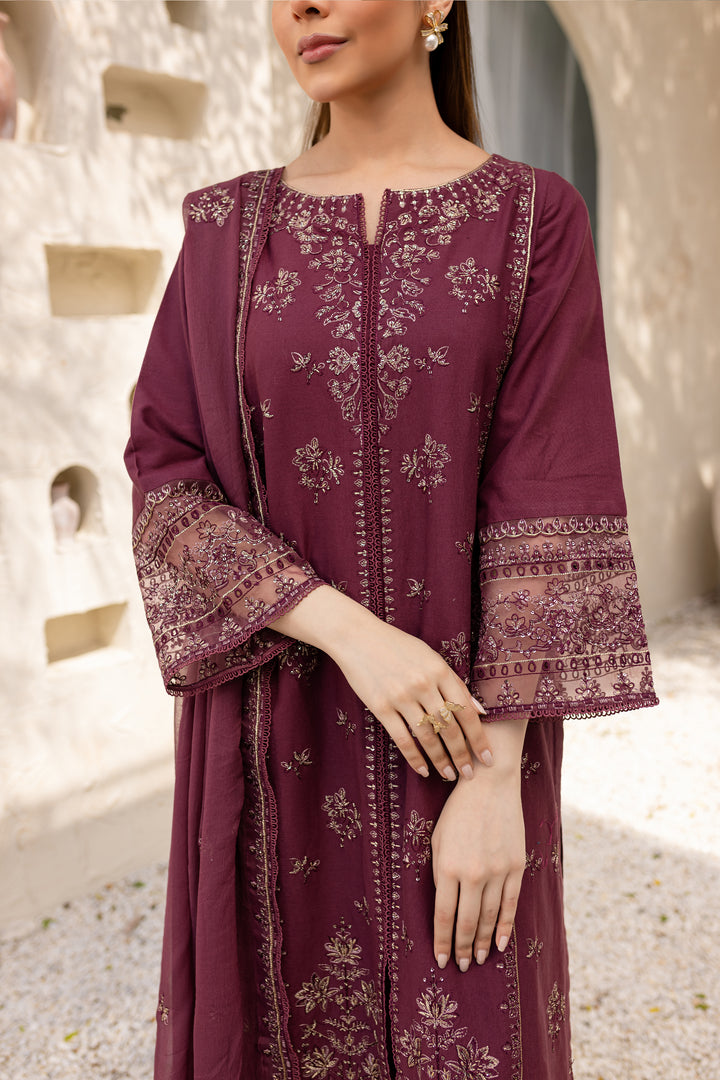 Mauve Paragon 3Pc - Embroidered Khaddar Dress - BATIK