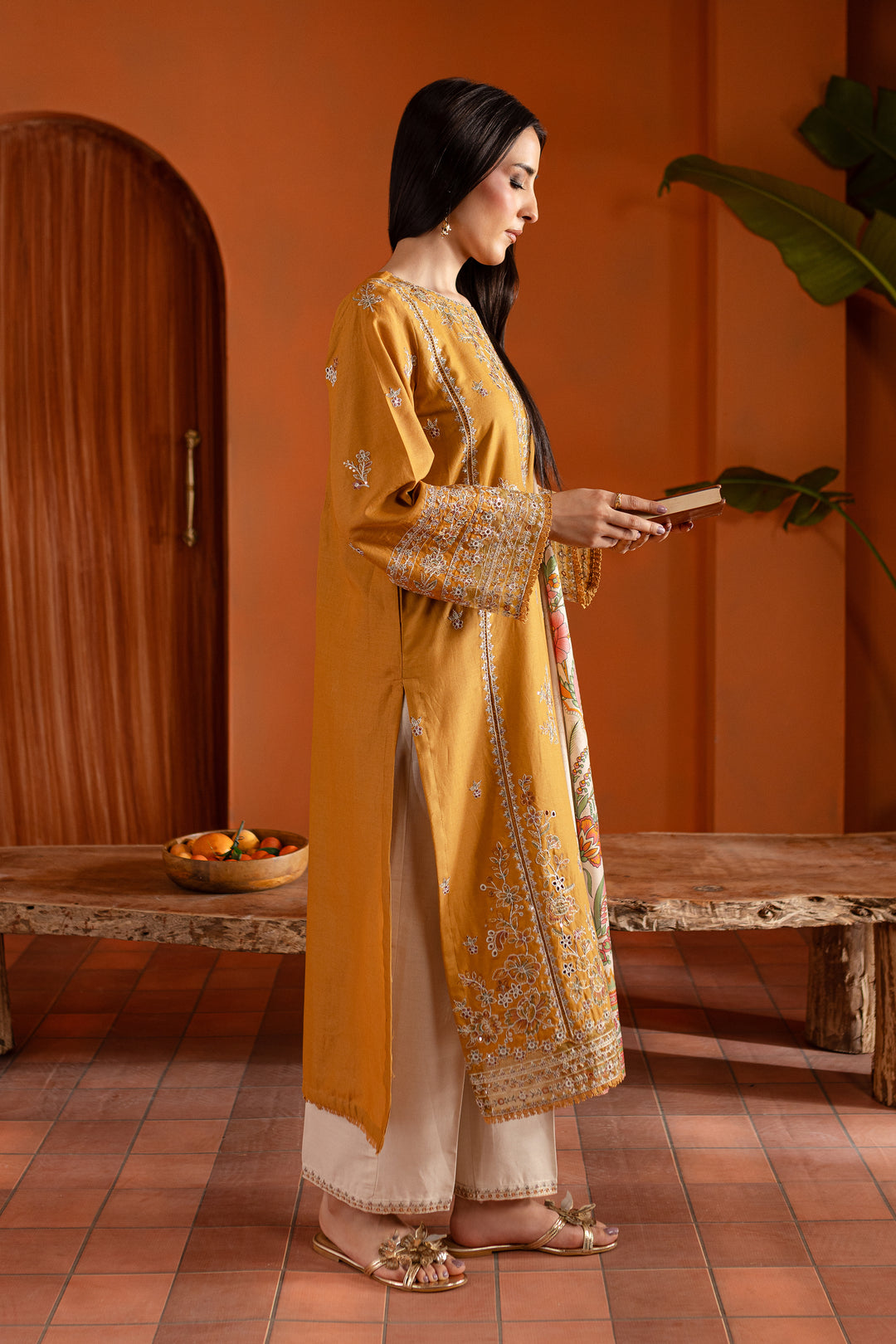 Gold Inarah 3Pc - Embroidered Khaddar Dress - BATIK