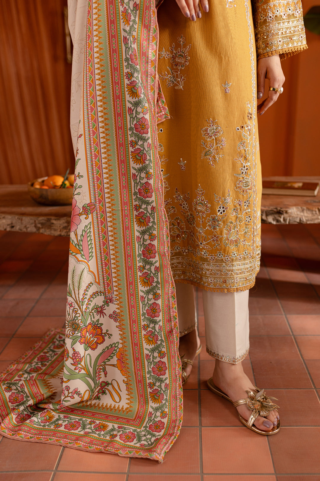 Gold Inarah 3Pc - Embroidered Khaddar Dress - BATIK