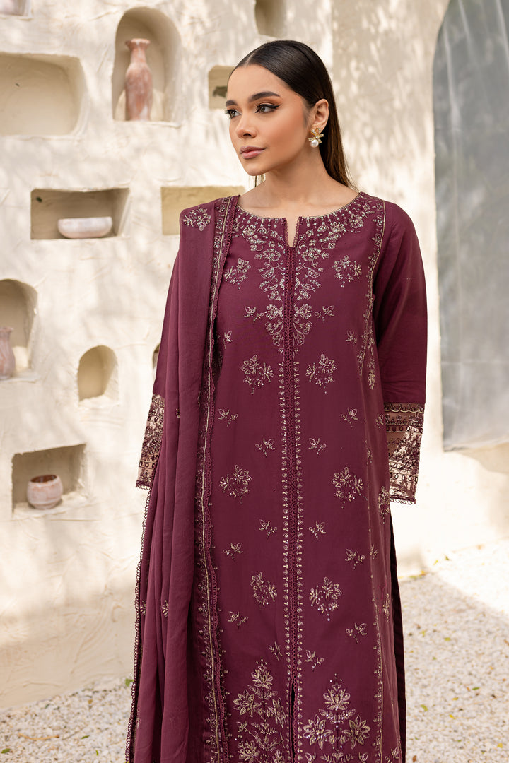 Mauve Paragon 3Pc - Embroidered Khaddar Dress - BATIK