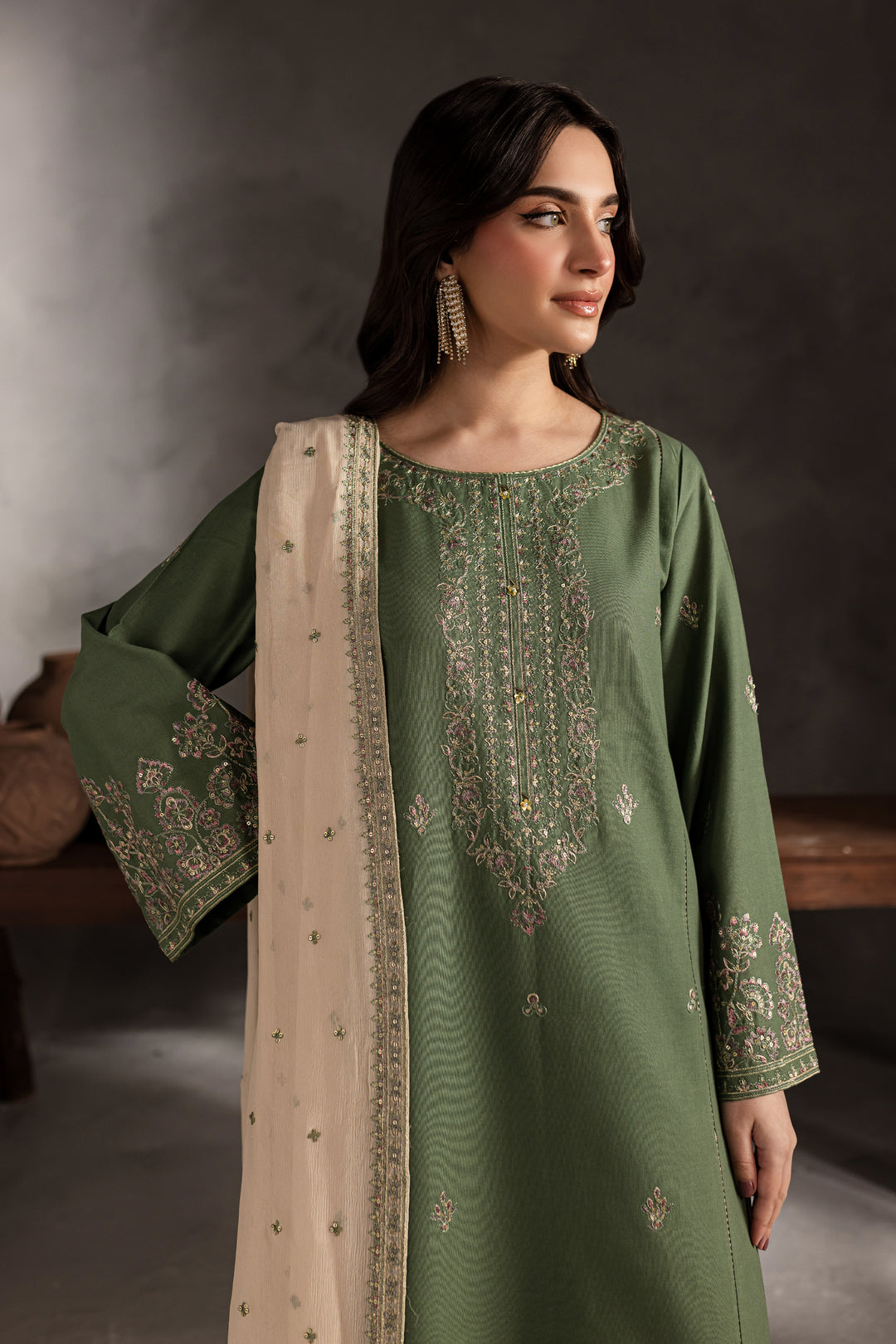 Sage Stone 3Pc - Embroidered Khaddar Dress - BATIK