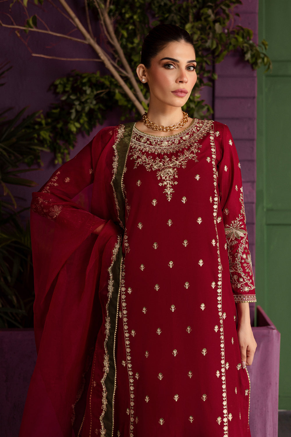 Laal 3Pc - Embroidered Solid Dress - BATIK