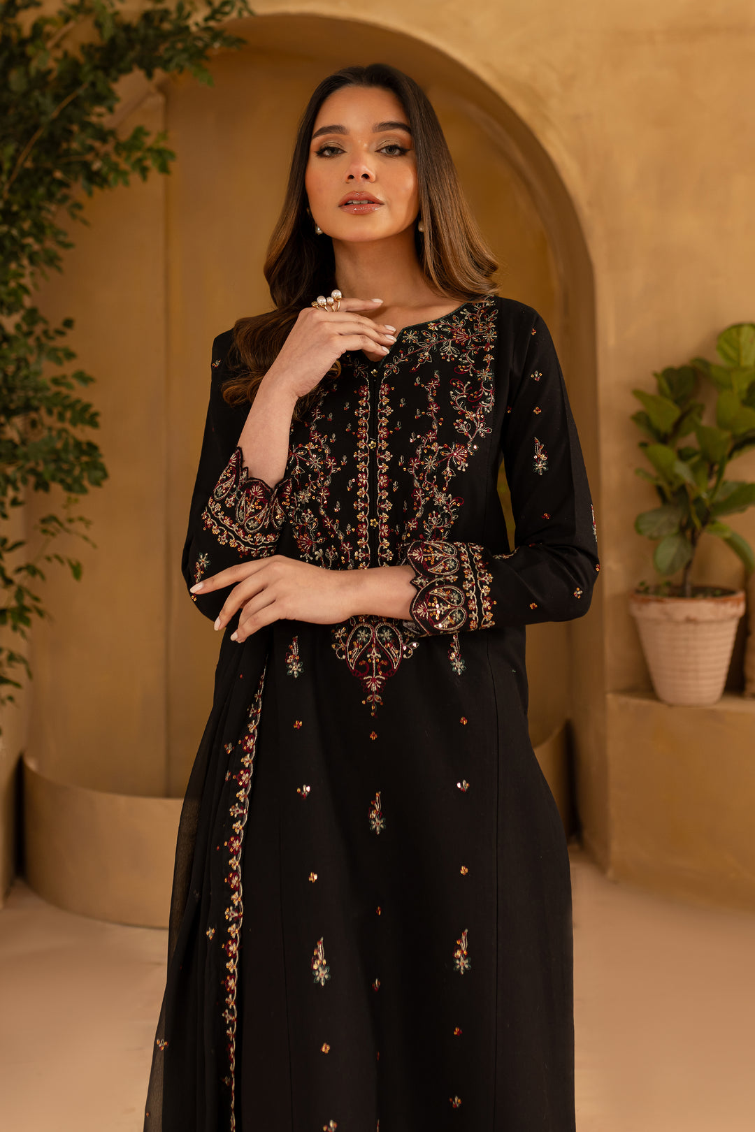 Black Wine 3Pc - Embroidered Khaddar Dress - BATIK