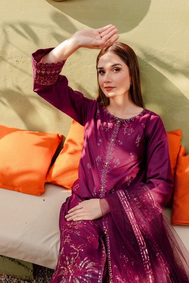 Plum 3Pc - Embroidered Karandi Dress - BATIK