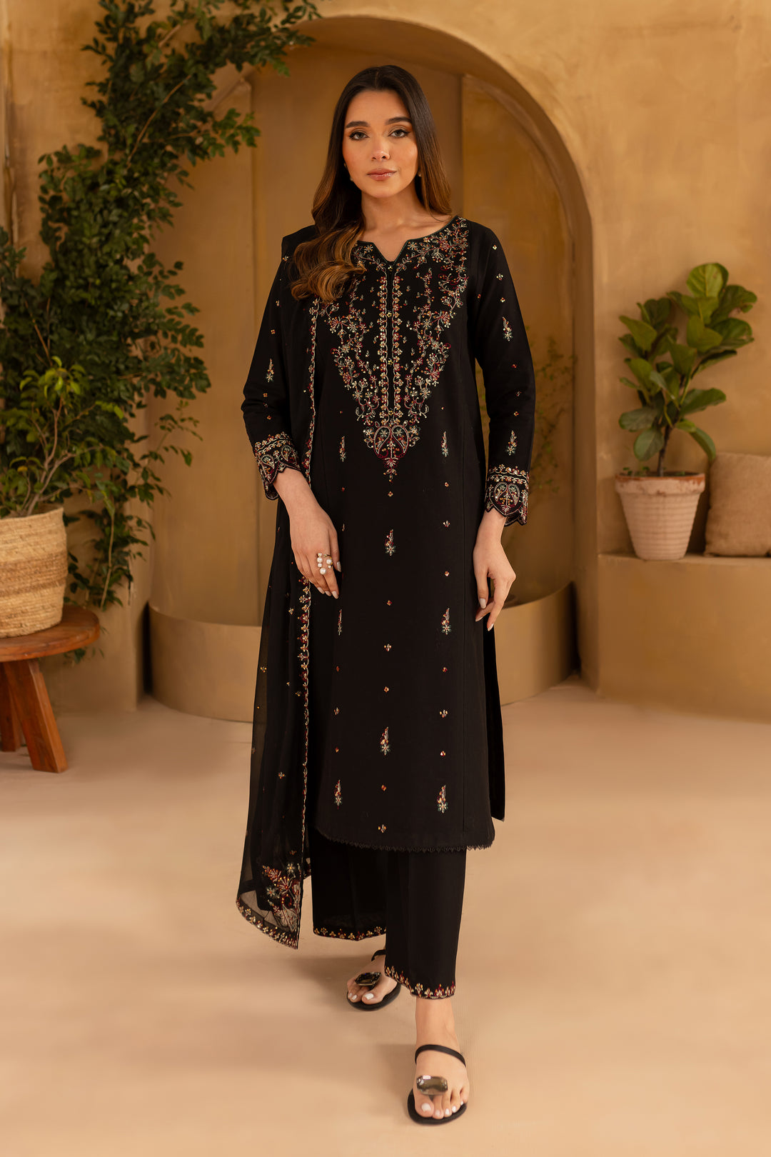 Black Wine 3Pc - Embroidered Khaddar Dress - BATIK