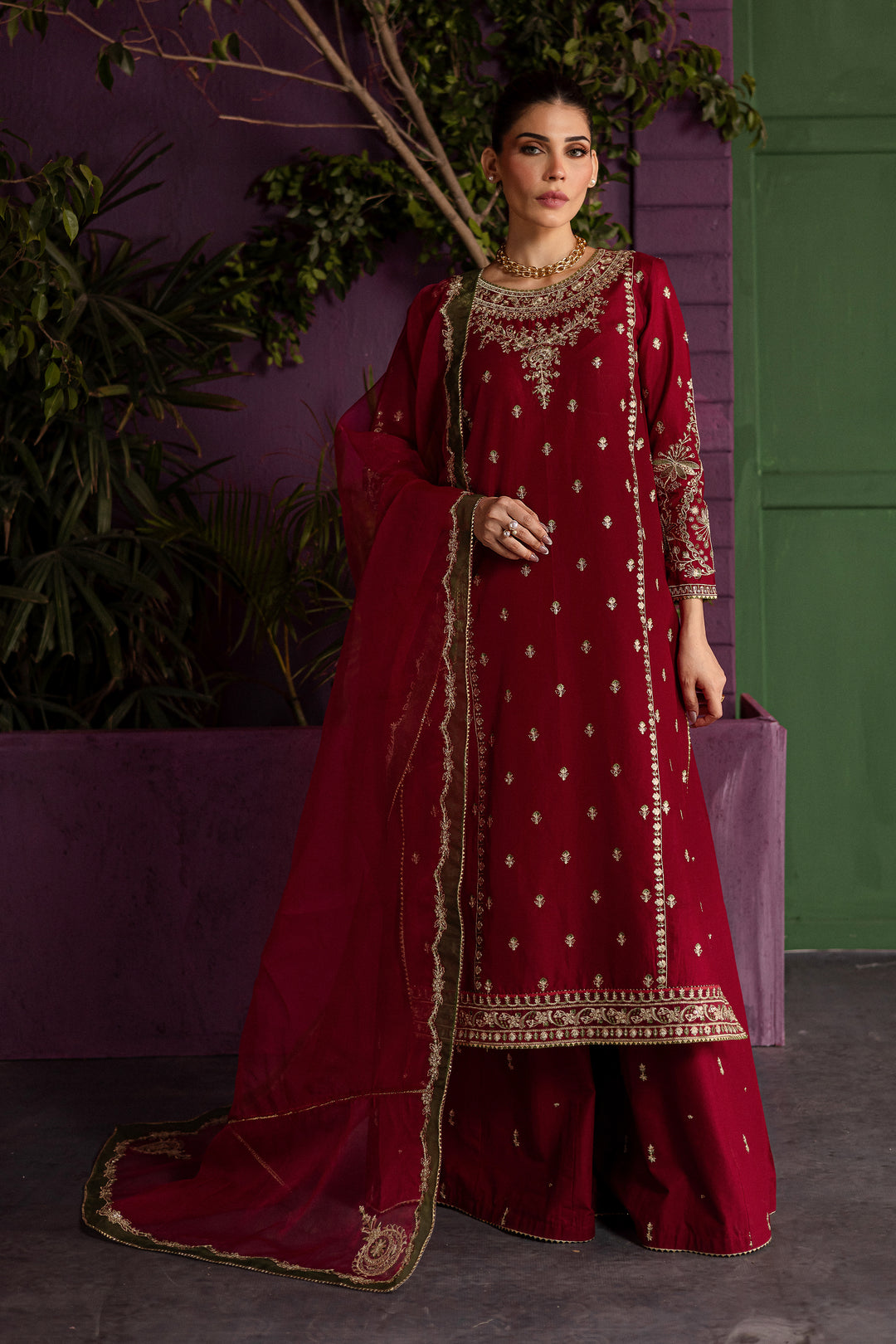 Laal 3Pc - Embroidered Solid Dress - BATIK
