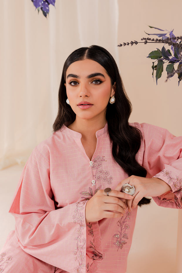 Light Pink 2Pc - Embroidered Jacquard Dress - BATIK