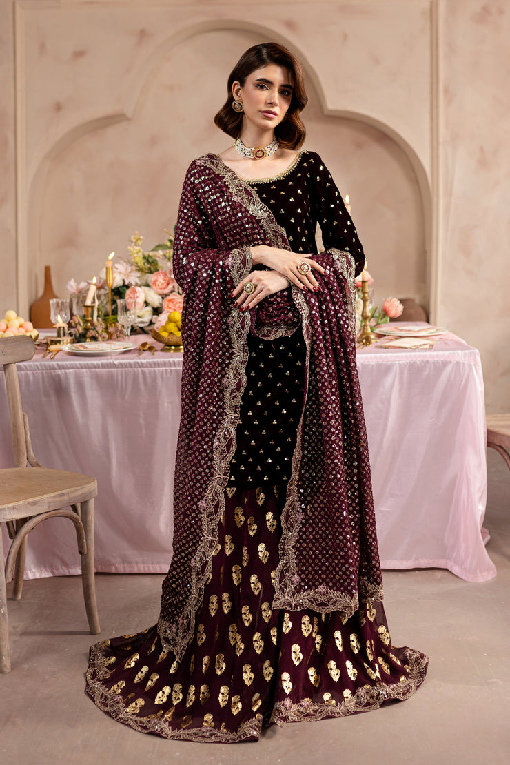 V. Maroon Amani 3Pc - Embroidered Luxe PRET