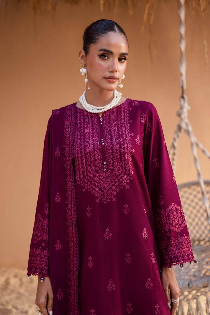 Maroon Henna 3Pc - Embroidered Khaddar Dress