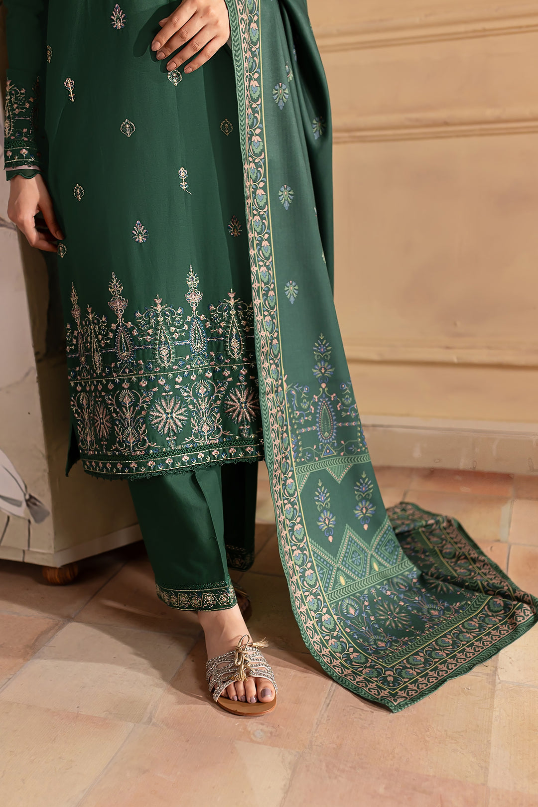 Green Sam 3Pc - Embroidered Khaddar Dress - BATIK