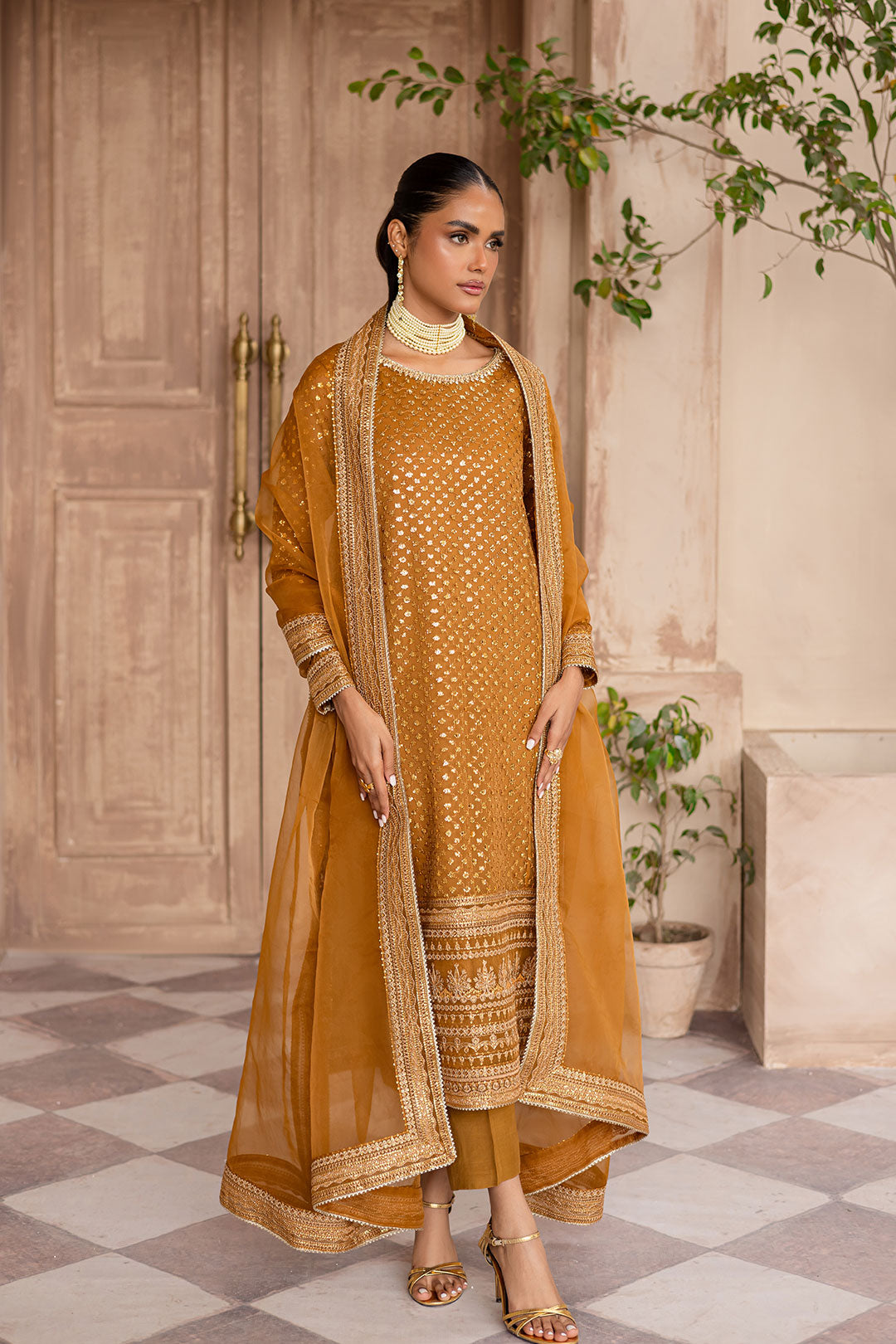 Ezra Mustard 3Pc - Embroidered Luxe Pret