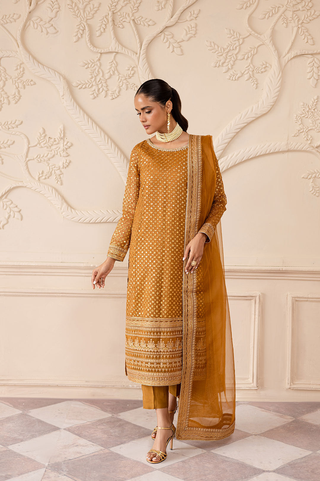 Ezra Mustard 3Pc - Embroidered Luxe Pret