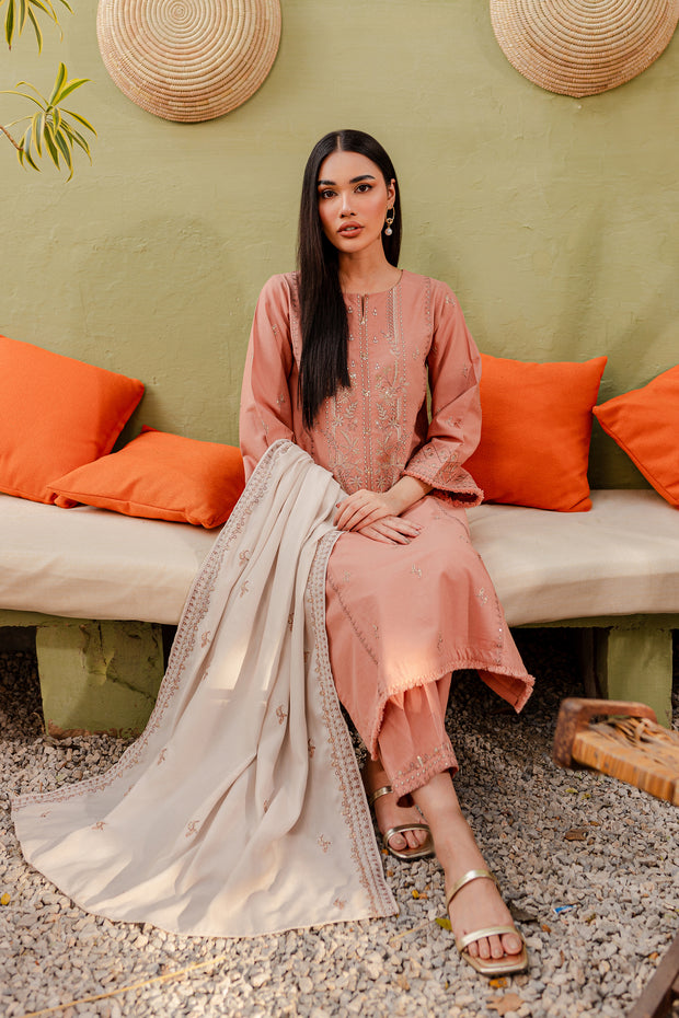 Peach Ice 3Pc - Embroidered Khaddar Dress - BATIK
