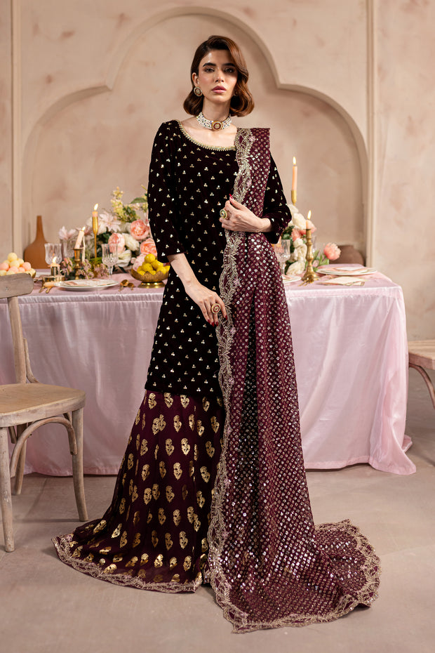 V. Maroon Amani 3Pc - Embroidered Luxe PRET