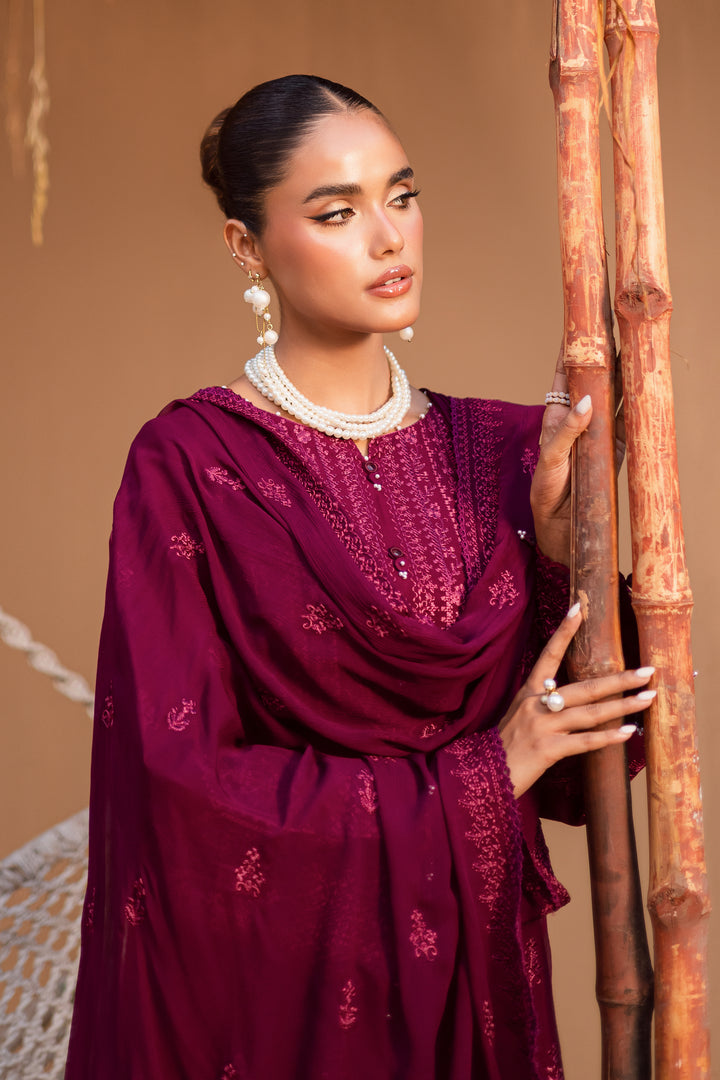 Maroon Henna 3Pc - Embroidered Khaddar Dress