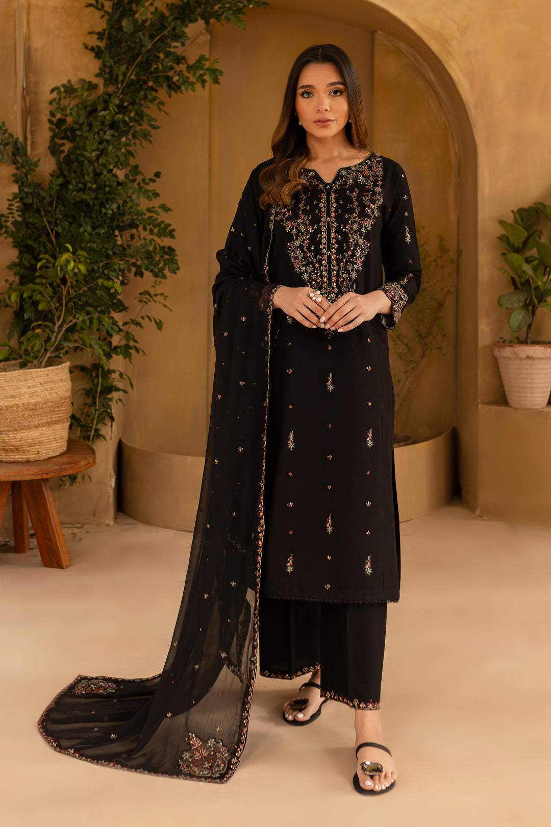 Black Wine 3Pc - Embroidered Khaddar Dress - BATIK