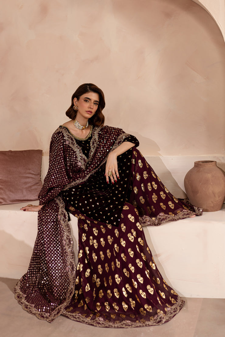 V. Maroon Amani 3Pc - Embroidered Luxe PRET