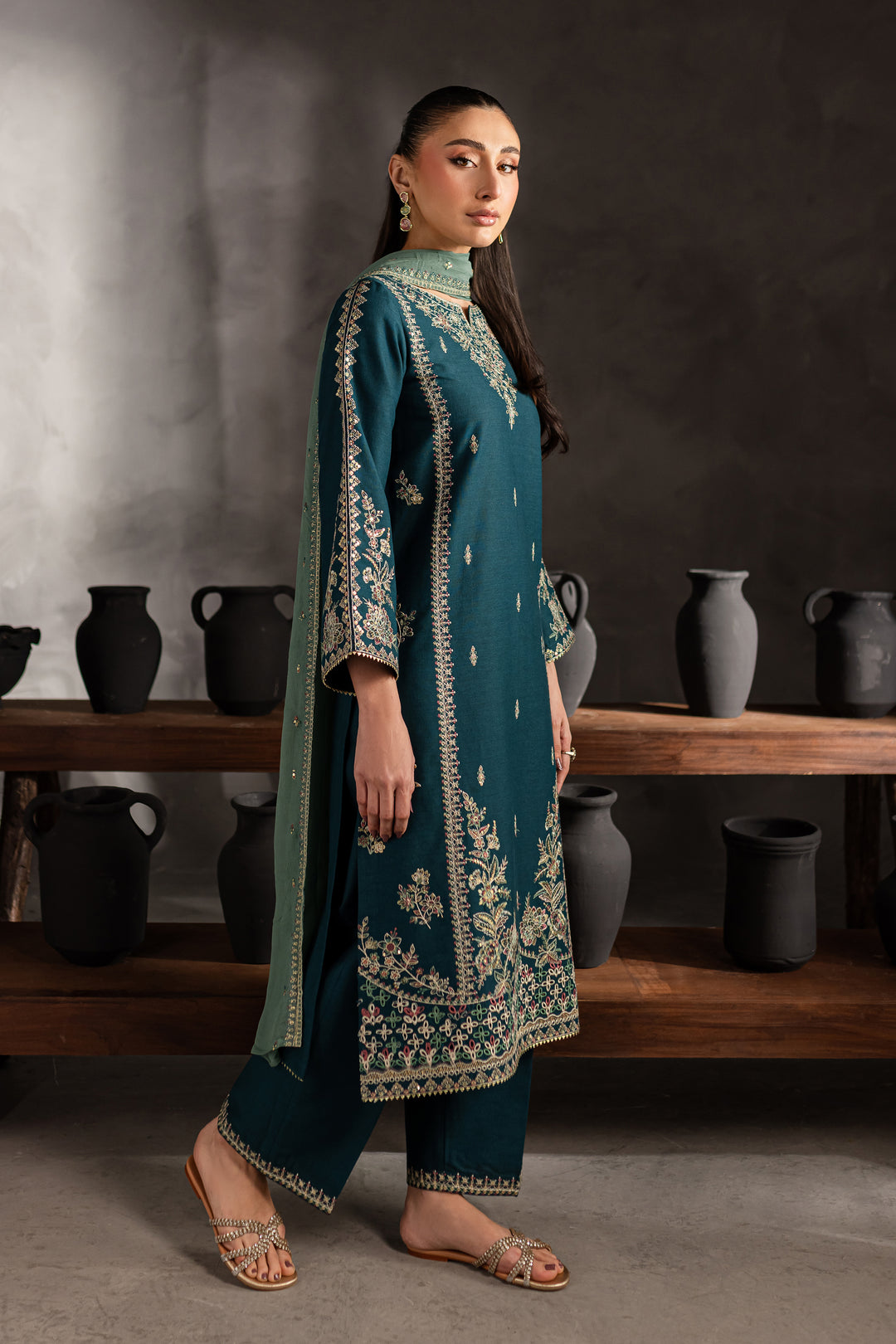 Dark Dew 3Pc - Embroidered Karandi dress - BATIK