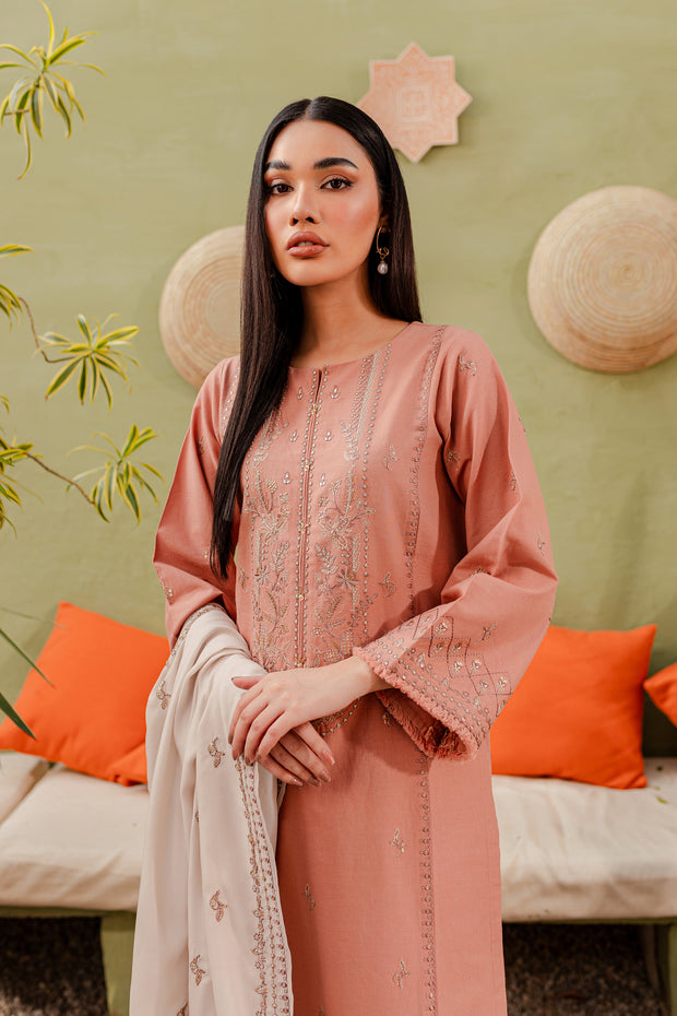 Peach Ice 3Pc - Embroidered Khaddar Dress - BATIK