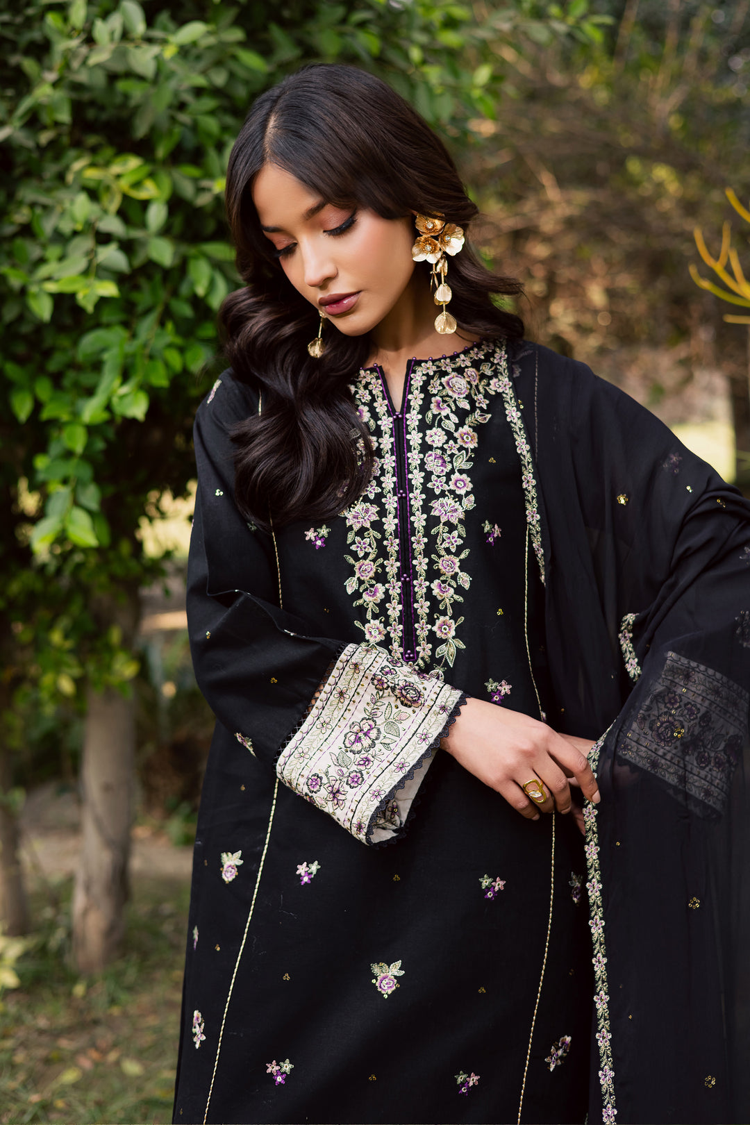 Night Bloom 3Pc - Embroidered Khaddar Dress