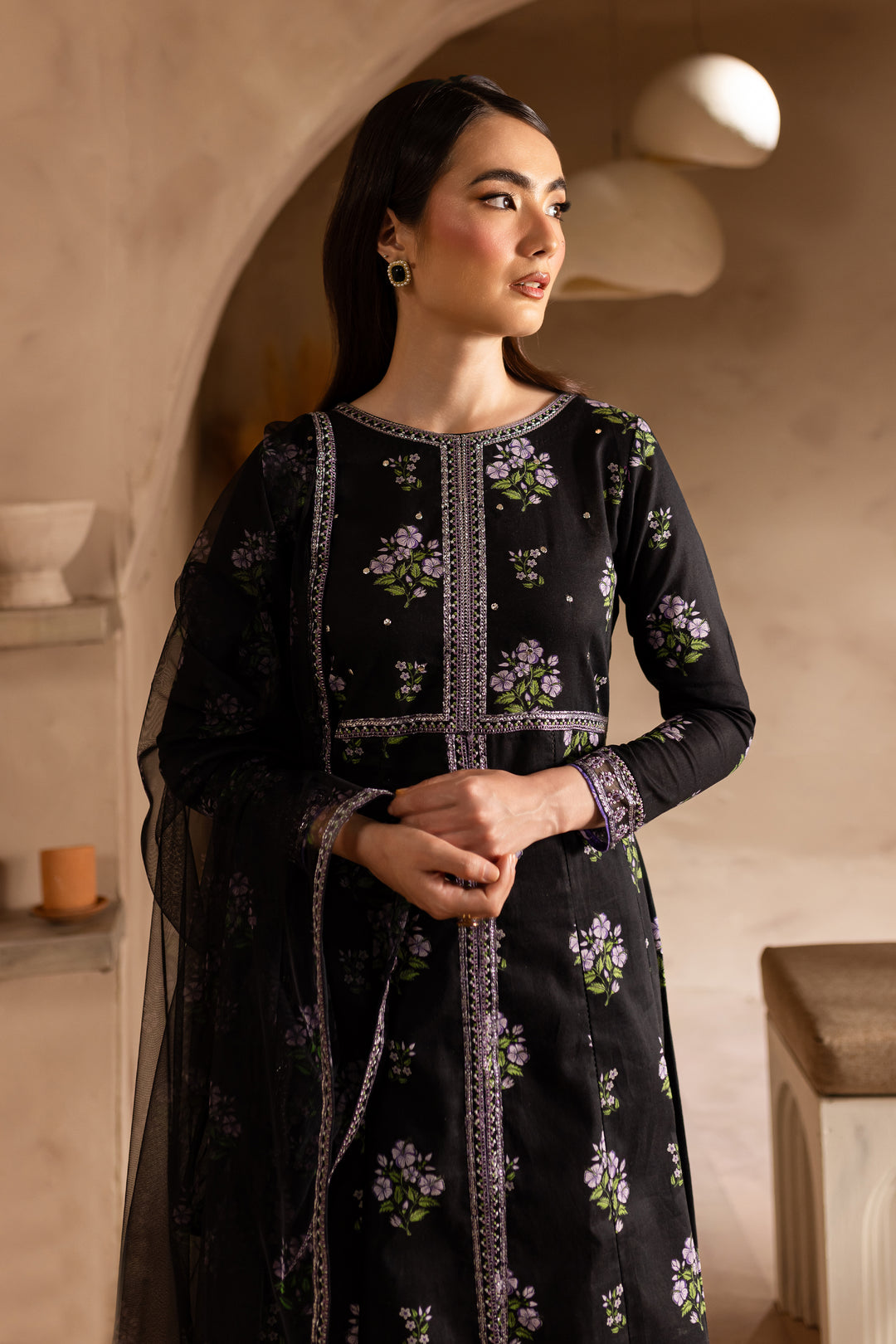 Zhenya Black 3Pc - Printed Khaddar Dress - BATIK