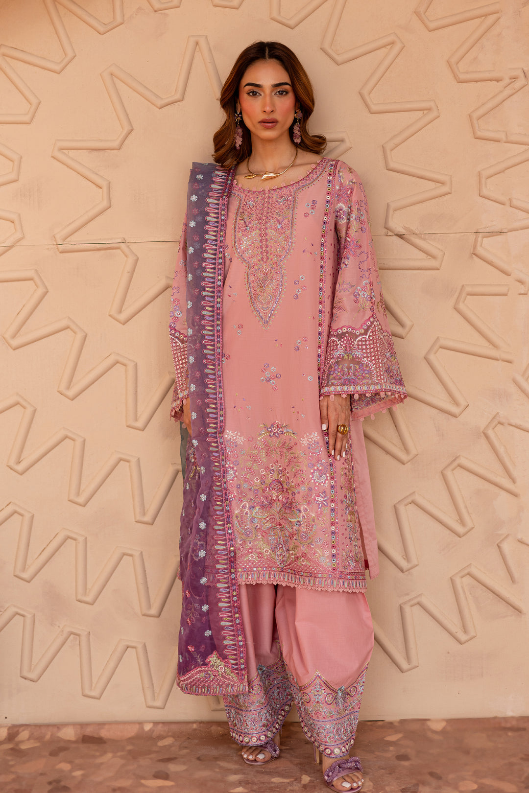 Reem Coral 3Pc - Embroidered Luxe Pret