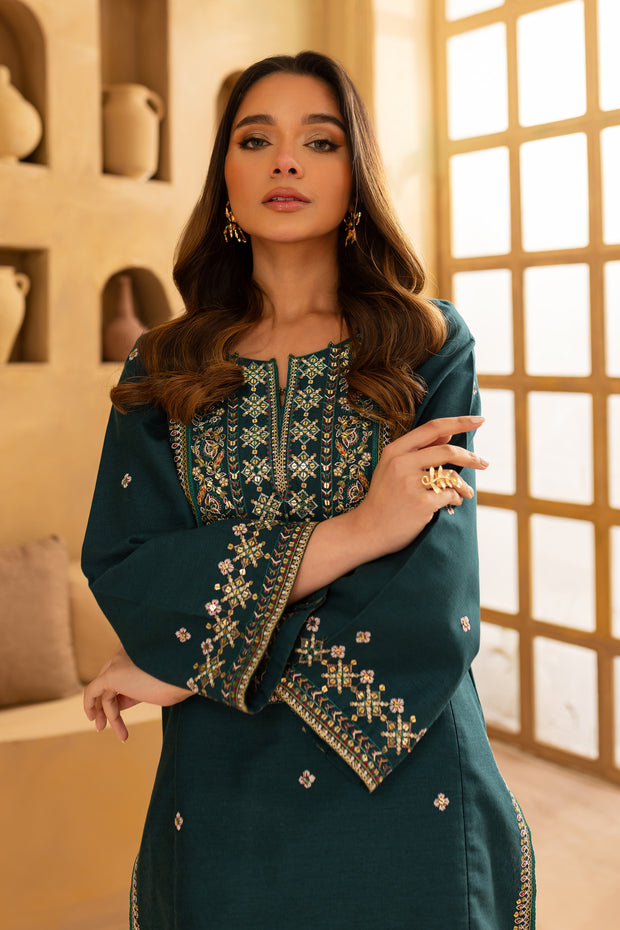 Teal Fern 2Pc - Embroidered Khaddar Dress