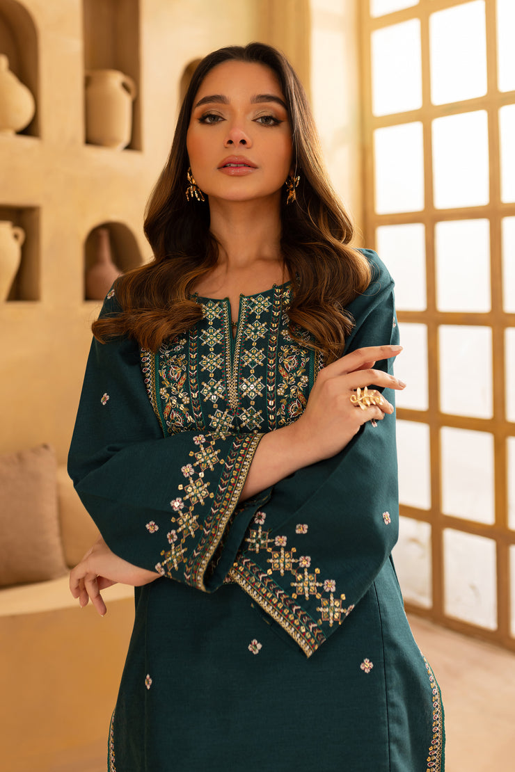 Teal Fern 2Pc - Embroidered Khaddar Dress