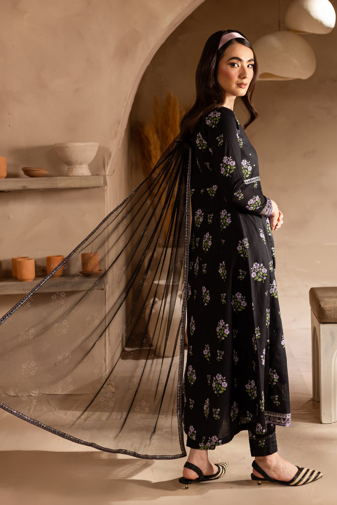 Zhenya Black 3Pc - Printed Khaddar Dress - BATIK