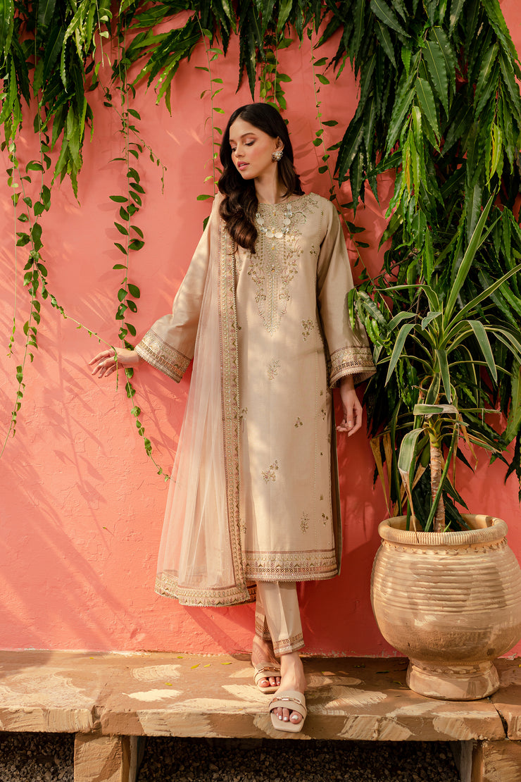Beige Walnut 3Pc - Embroidered Khaddar Dress - BATIK