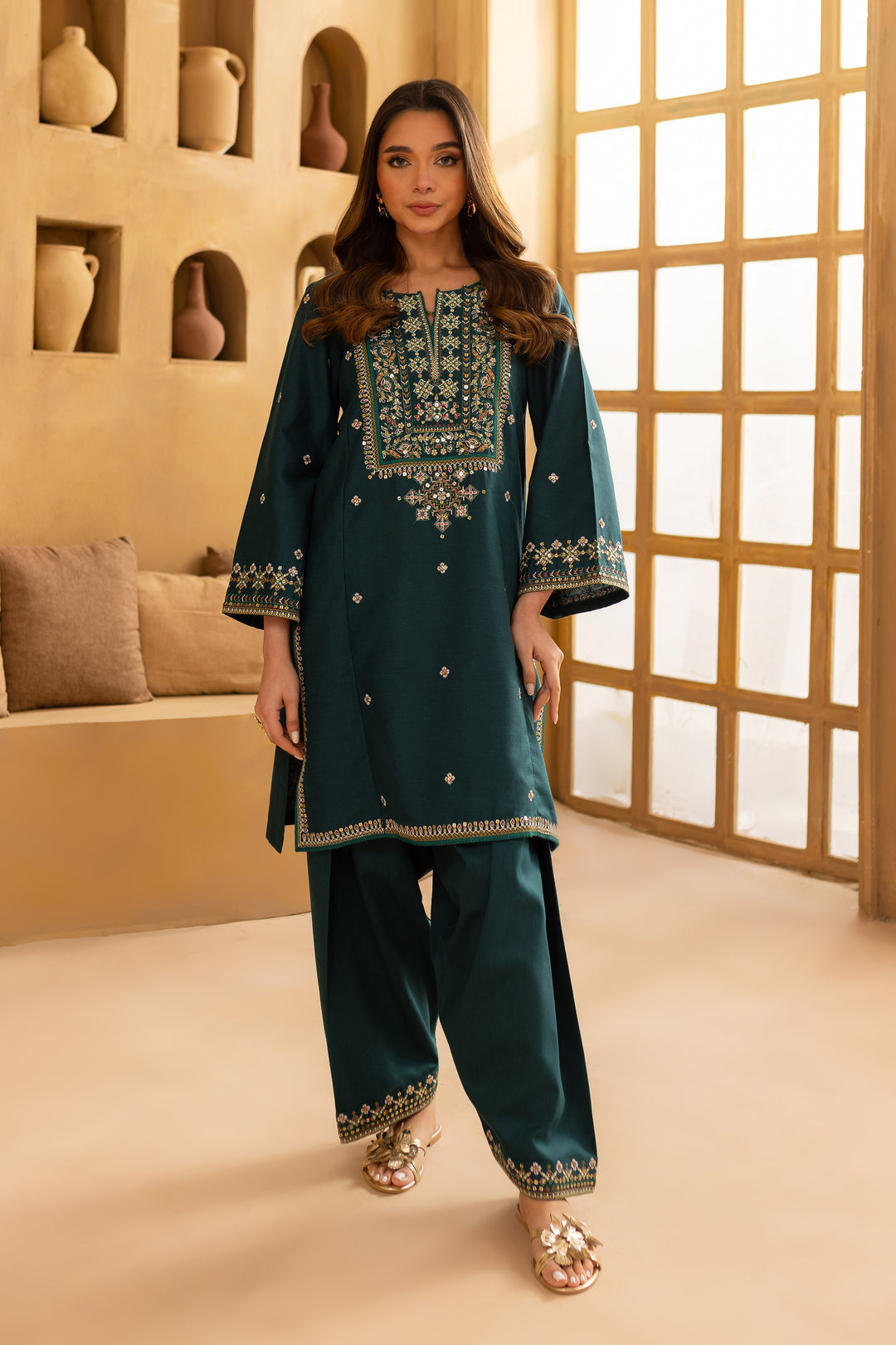 Teal Fern 2Pc - Embroidered Khaddar Dress - BATIK