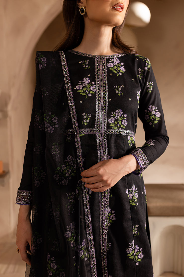 Zhenya Black 3Pc - Printed Khaddar Dress