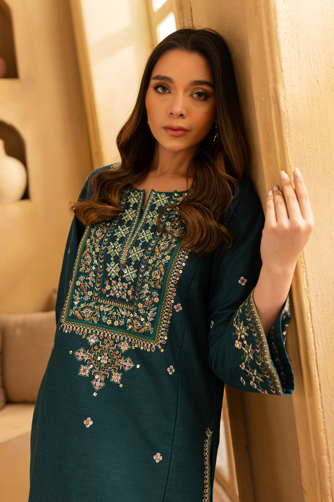 Teal Fern 2Pc - Embroidered Khaddar Dress - BATIK