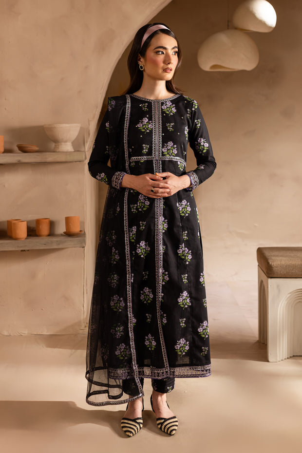 Zhenya Black 3Pc - Printed Khaddar Dress