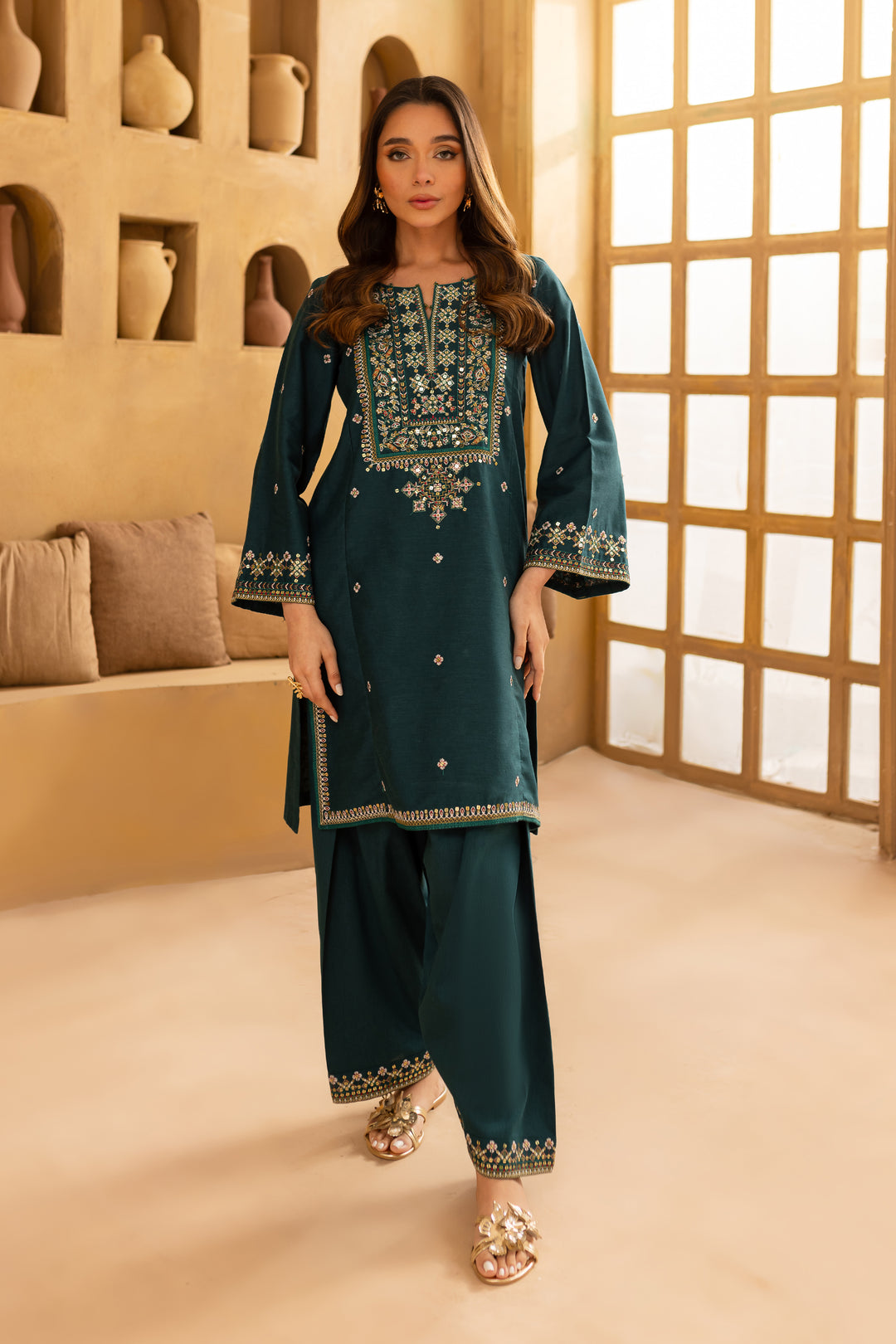 Teal Fern 2Pc - Embroidered Khaddar Dress - BATIK