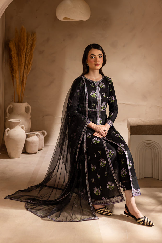 Zhenya Black 3Pc - Printed Khaddar Dress