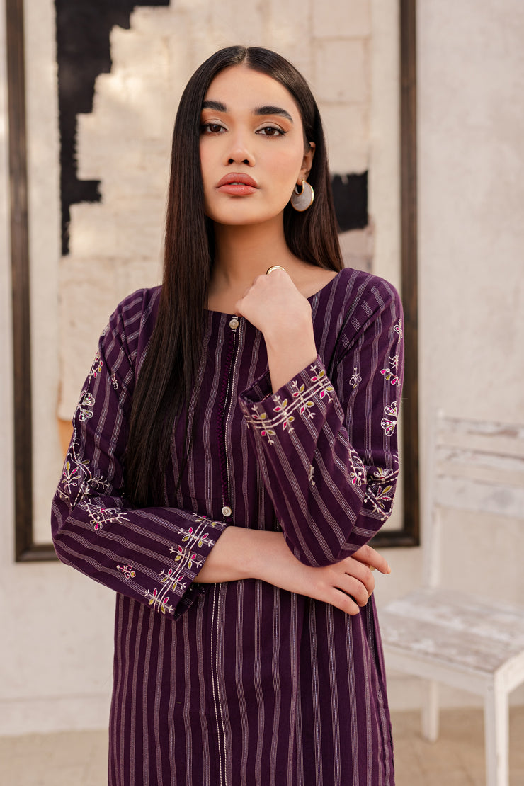 Purple 2Pc - Embroidered Jacquard Dress - BATIK