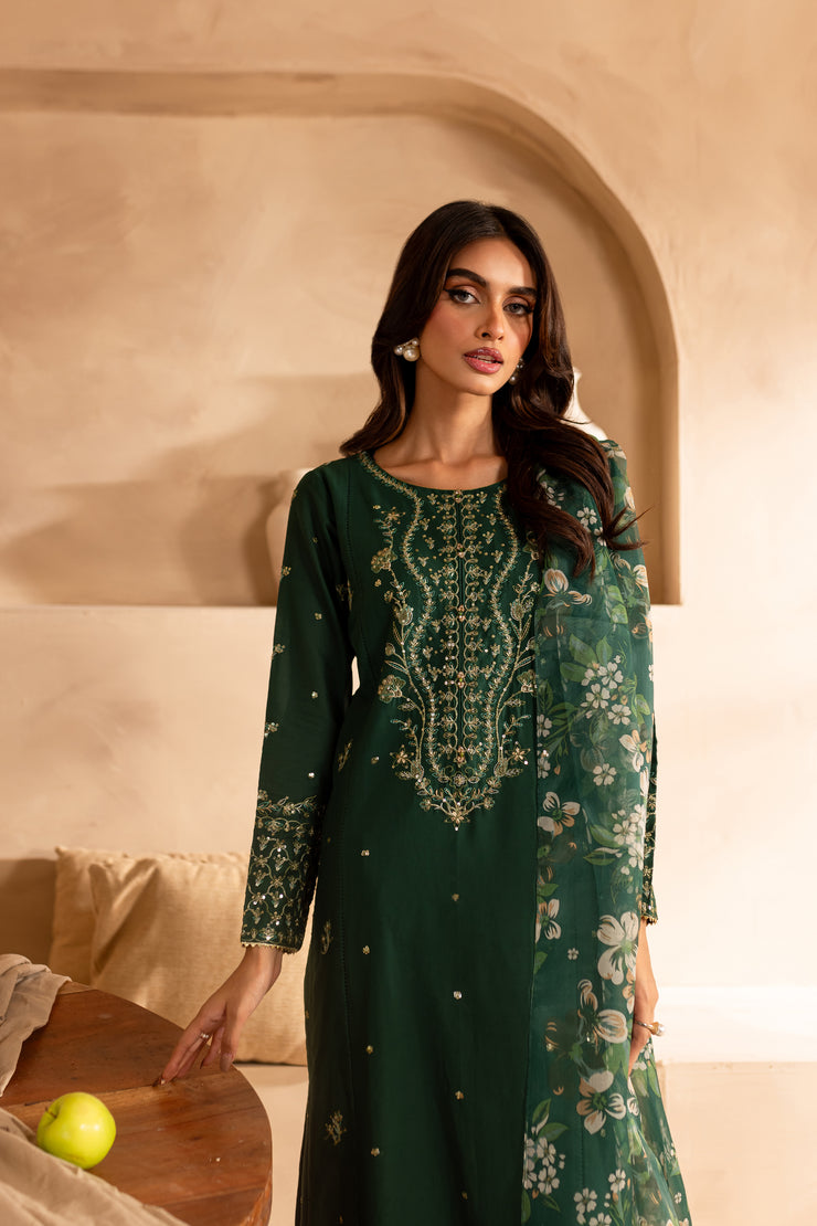 Sage Green 3Pc - Embroidered Lawn Dress - BATIK