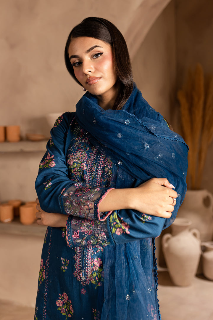 Zhenya Teal 3Pc - Printed Khaddar Dress - BATIK